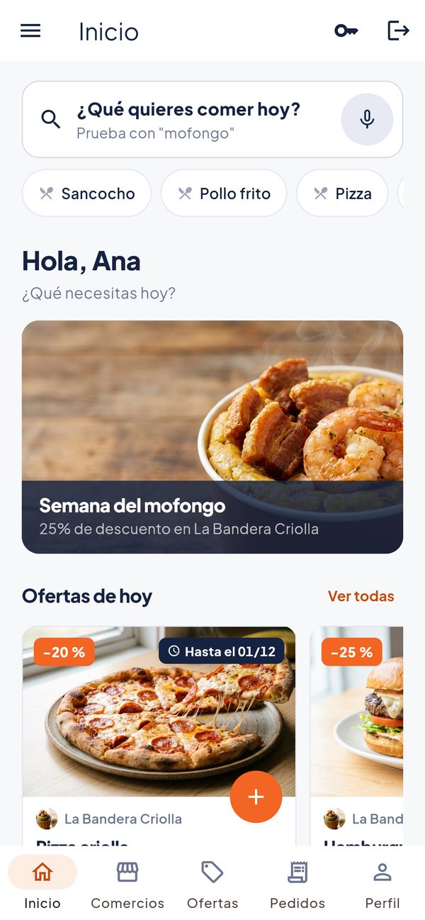 Pantalla de inicio de la app RÁPIDO YA: buscador, ofertas del día y comercios