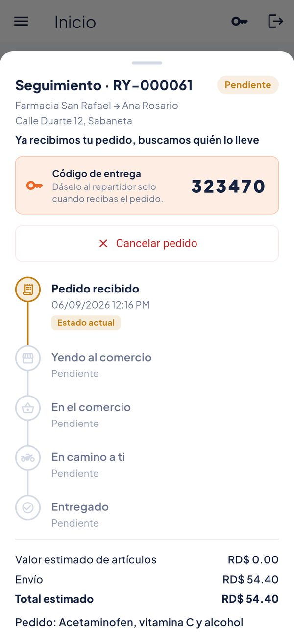 Pantalla de seguimiento de un pedido en la app: código de entrega y línea de tiempo del envío
